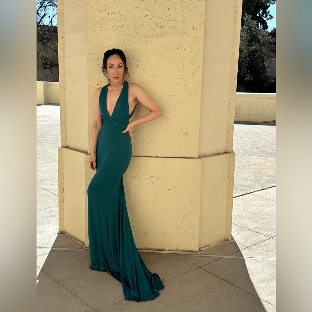 Long teal green dress with open back